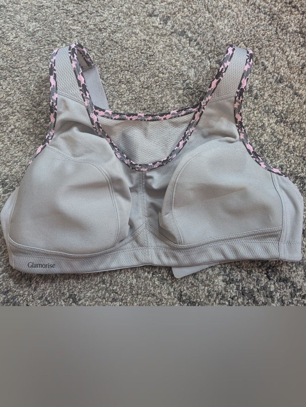 Glamorise Light Gray Sports Bra with Pink Camo Trim 36D